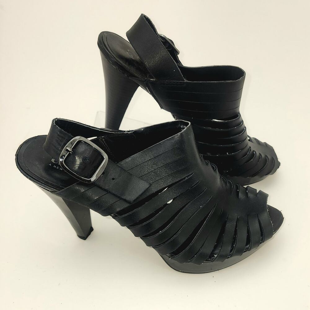 A.N.A. Women's Open Toe Shoes, Ankle Strap Black Leather Size 9.5